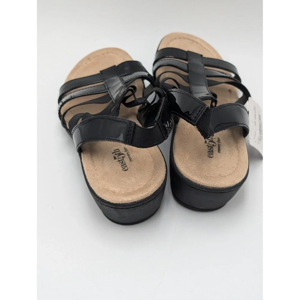 East 5th Sandals Womens 10 Black India Strappy Wedge Memory Foam Patent Elastic